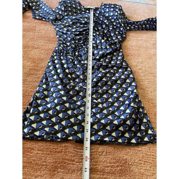 Zara Blue Geometric Print Mini Dress Ruched Long Sleeve Size S - Picture 4 of 9